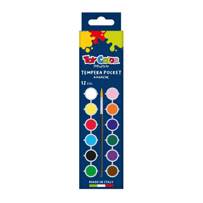 TOY COLOR Farby temperowe 12 kolorów 2,5 ml + pędzel zestaw kieszonkowy